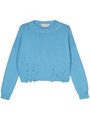 Памучен пуловер с протрити краища Marni синьо