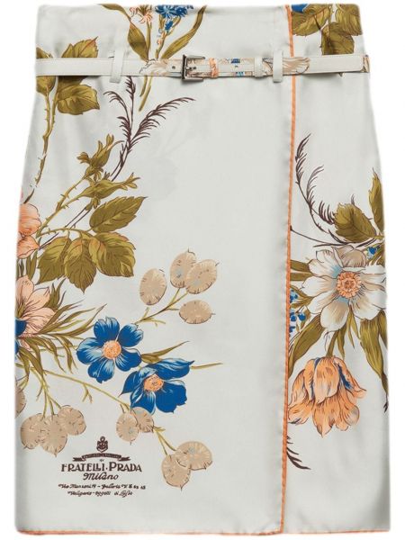 Svileni midi suknja s cvjetnim printom s printom Prada bijela