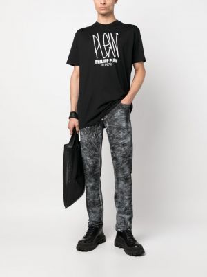 Proste jeansy z nadrukiem w abstrakcyjne wzory Philipp Plein czarne