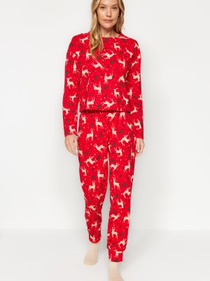 Dzianinowa piżama bawełniana Trendyol czerwona