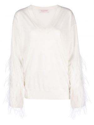 Vlnený sveter s perím Valentino Garavani biela