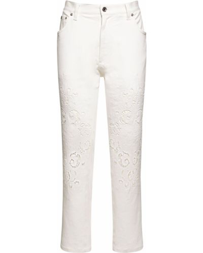 Čipkované bavlnené džínsy s výšivkou Dolce & Gabbana biela