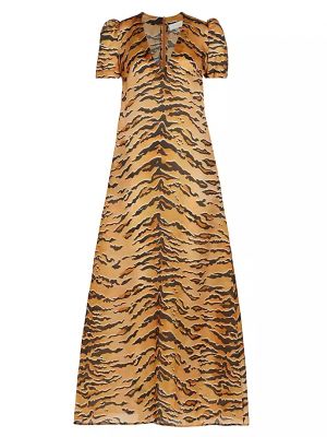 Тигровое шелковое длинное платье с принтом Zimmermann