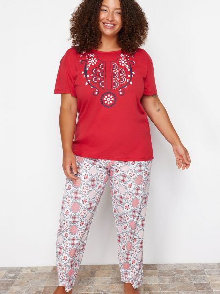 Pijamale tricotate cu imprimeu geometric Trendyol roșu