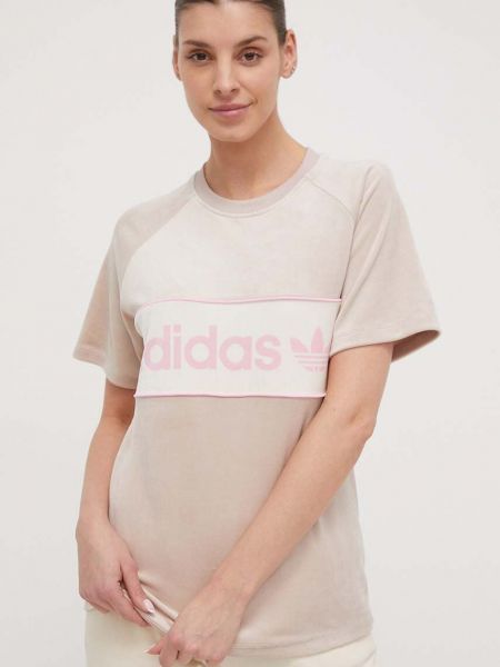 Welurowa koszulka Adidas Originals beżowa