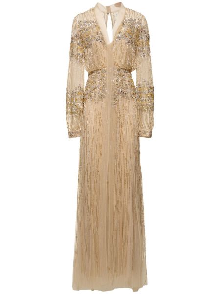 Lång klänning med v-ringning i tyll Zuhair Murad beige