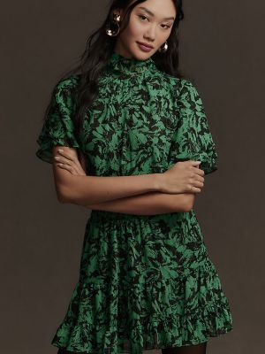 Мини-платье MISA с короткими рукавами и круглым вырезом, зеленый/черный