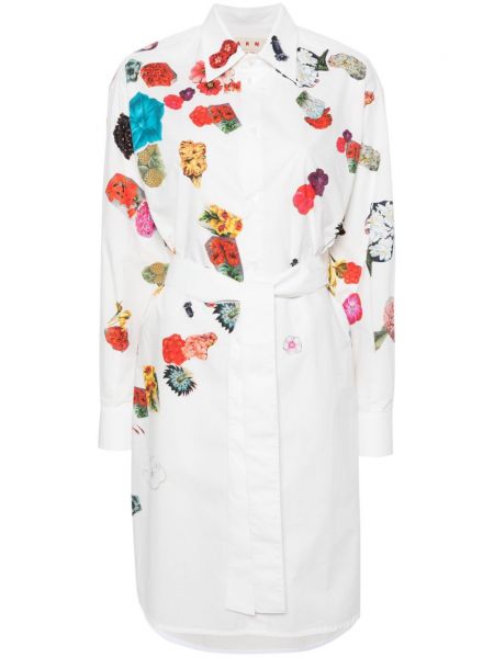 Bílé květinové bavlněné košilové šaty s potiskem Marni