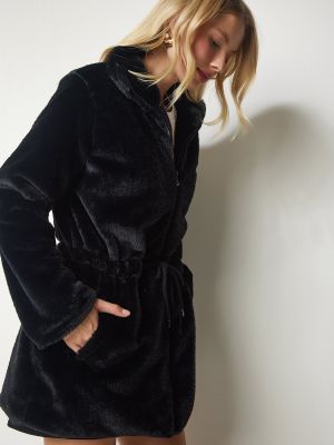 Oversize кожено палто с цип Happiness İstanbul черно