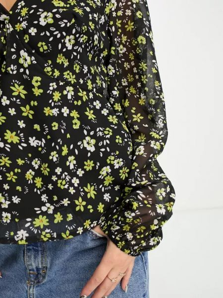 Блузка в цветочек с длинным рукавом с коротким рукавом New Look черная