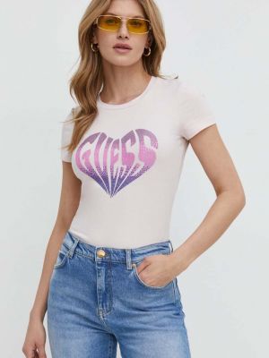 Тениска със сърца Guess розово