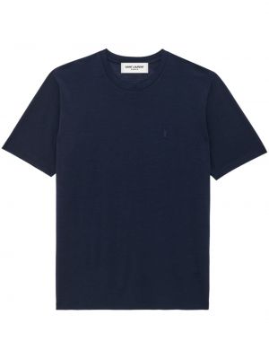 Hedvábné vlněné tričko s výšivkou Saint Laurent modré