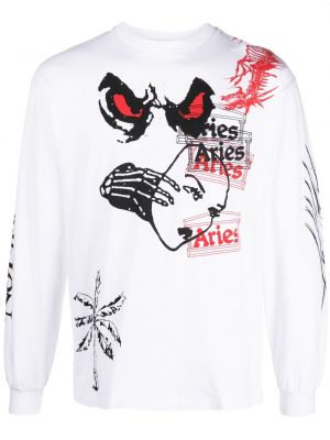 Памучен пуловер с принт Aries бяло
