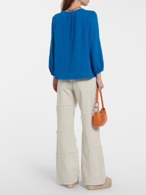 Памучна кадифена блуза Velvet синьо