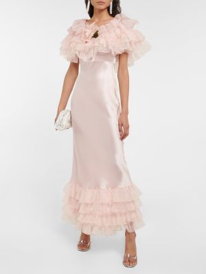 Копринена сатенена макси рокля с волани Rodarte розово