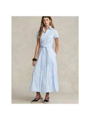 Sukienka długa z falbankami Polo Ralph Lauren niebieska