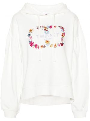Gėlėtas medvilninis džemperis su gobtuvu Twinset balta