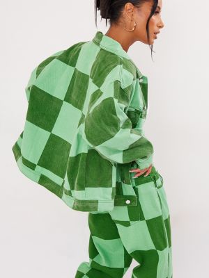 Клетчатая джинсовая куртка с принтом Prettylittlething зеленая