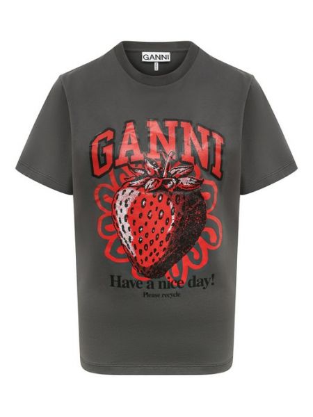 Хлопковая футболка Ganni серая