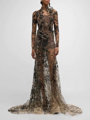 Прозрачное платье с вышивкой с бисером Oscar De La Renta черное