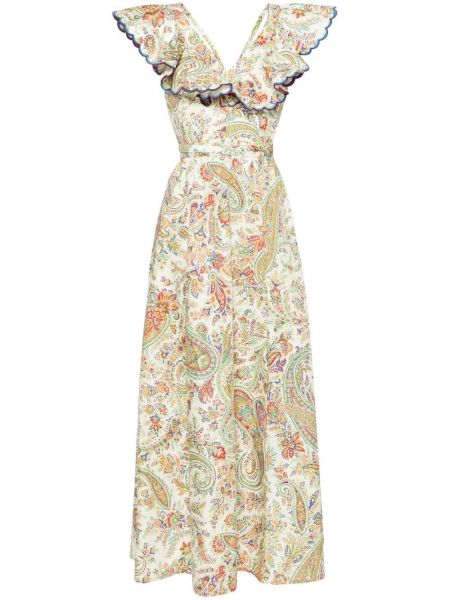 Bavlnené dlouhé šaty s potlačou s paisley vzorom Etro biela