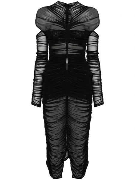 Mrežasta prozirna koktel haljina s draperijom Mugler crna