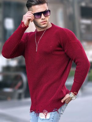 Пуловер с разкъсвания Madmext винено червено