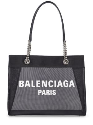 Kožená nákupná taška so sieťovinou Balenciaga čierna