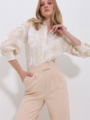 Lniana koszula z wzorem paisley z rękawami balonowymi Trend Alaçatı Stili beżowa