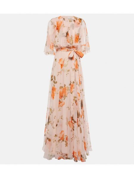 Květinové hedvábné dlouhé šaty Erdem růžové