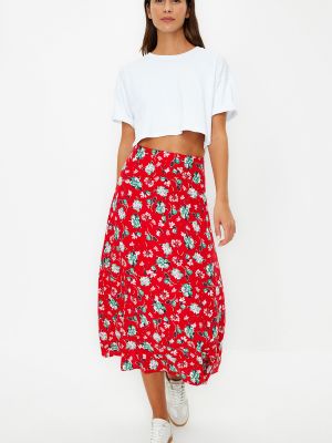 Pletena midi suknja od viskoze s cvjetnim printom Trendyol crvena