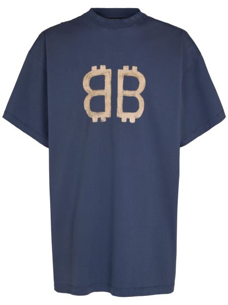 Retro kokvilnas t-krekls ar apdruku Balenciaga zils