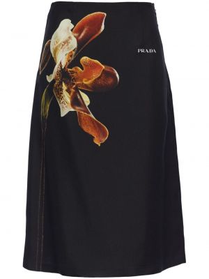 Kvetinová hodvábna midi sukňa s potlačou Prada čierna