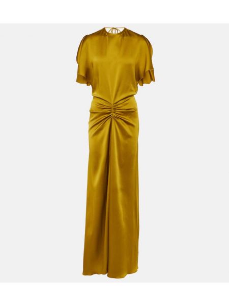 Vestido largo de raso con volantes de fiesta Victoria Beckham dorado