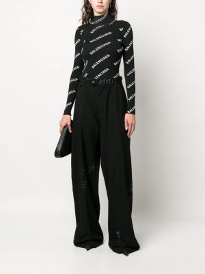 Vlněné rovné kalhoty s potiskem Balenciaga černé