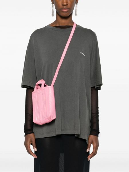 Pruhovaná kožená shopper kabelka Balenciaga růžová