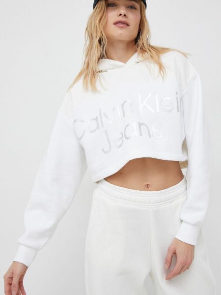 Суичър с качулка с апликация Calvin Klein Jeans бяло