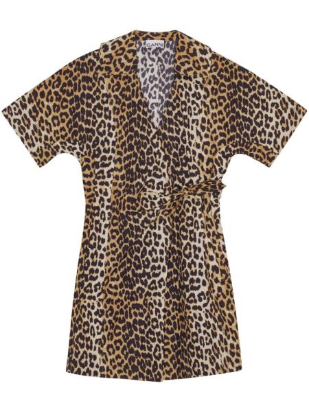 Raštuotas įvyniojama suknelė leopardinis Ganni ruda