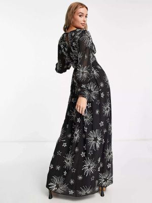Длинное платье с длинным рукавом со звездочками Miss Selfridge черное