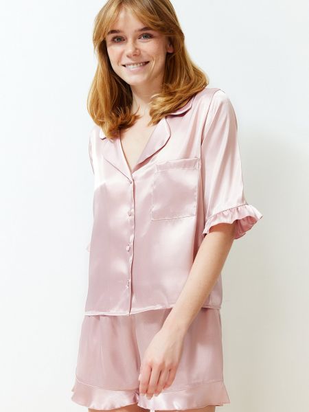 Плетена сатенена пижама Trendyol розово