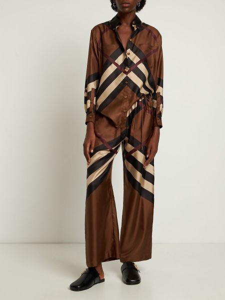 Pantaloni de mătase cu imagine cu croială lejeră Burberry maro
