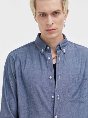Péřová bavlněná košile s knoflíky Hugo modrá