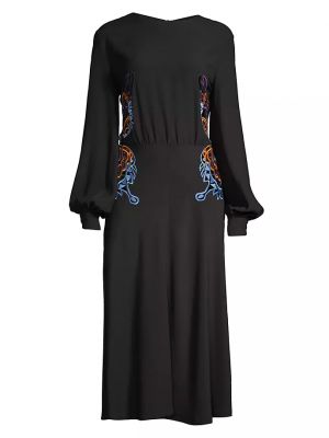 Платье миди с объемными рукавами и вышивкой Stella Jean черный