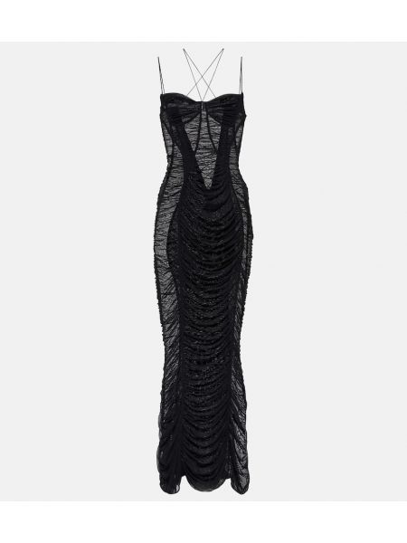 Μάξι φόρεμα από διχτυωτό Mugler μαύρο