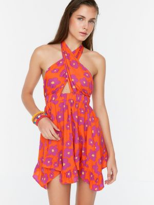 Obleka s cvetličnim vzorcem za na plažo Trendyol rdeča
