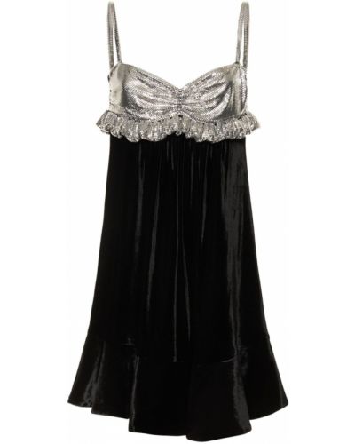 Мрежеста кадифена мини рокля с волани Paco Rabanne черно
