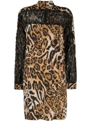 Mini obleka s potiskom z leopardjim vzorcem s čipko Boutique Moschino rjava