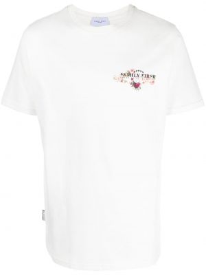 Bombažna majica s cvetličnim vzorcem s potiskom Family First bela