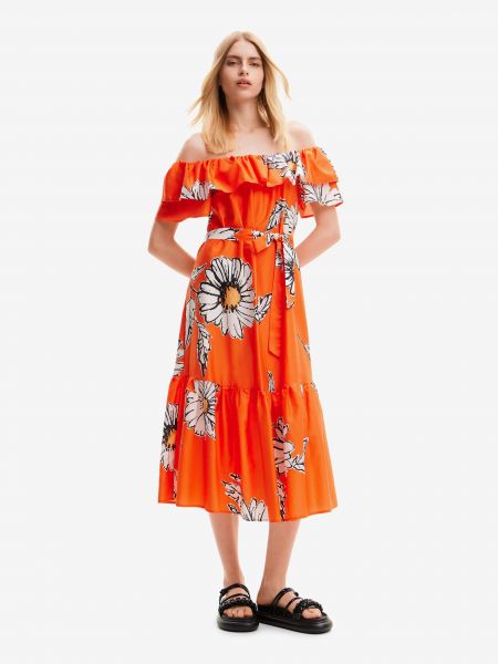 Φλοράλ μίντι φόρεμα Desigual πορτοκαλί