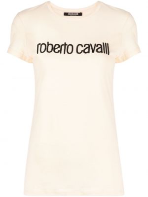 Haftowana koszulka bawełniana Roberto Cavalli biała